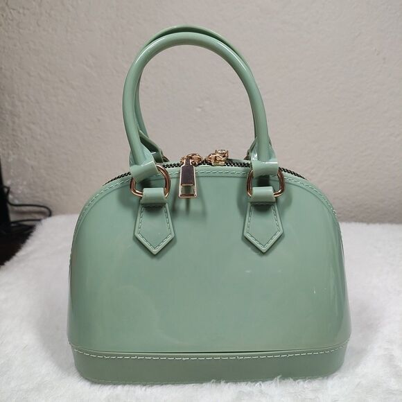 Handbags - Glossy Green Double Handle Small Purse Gold Zipper - Patent Leather Finish Like